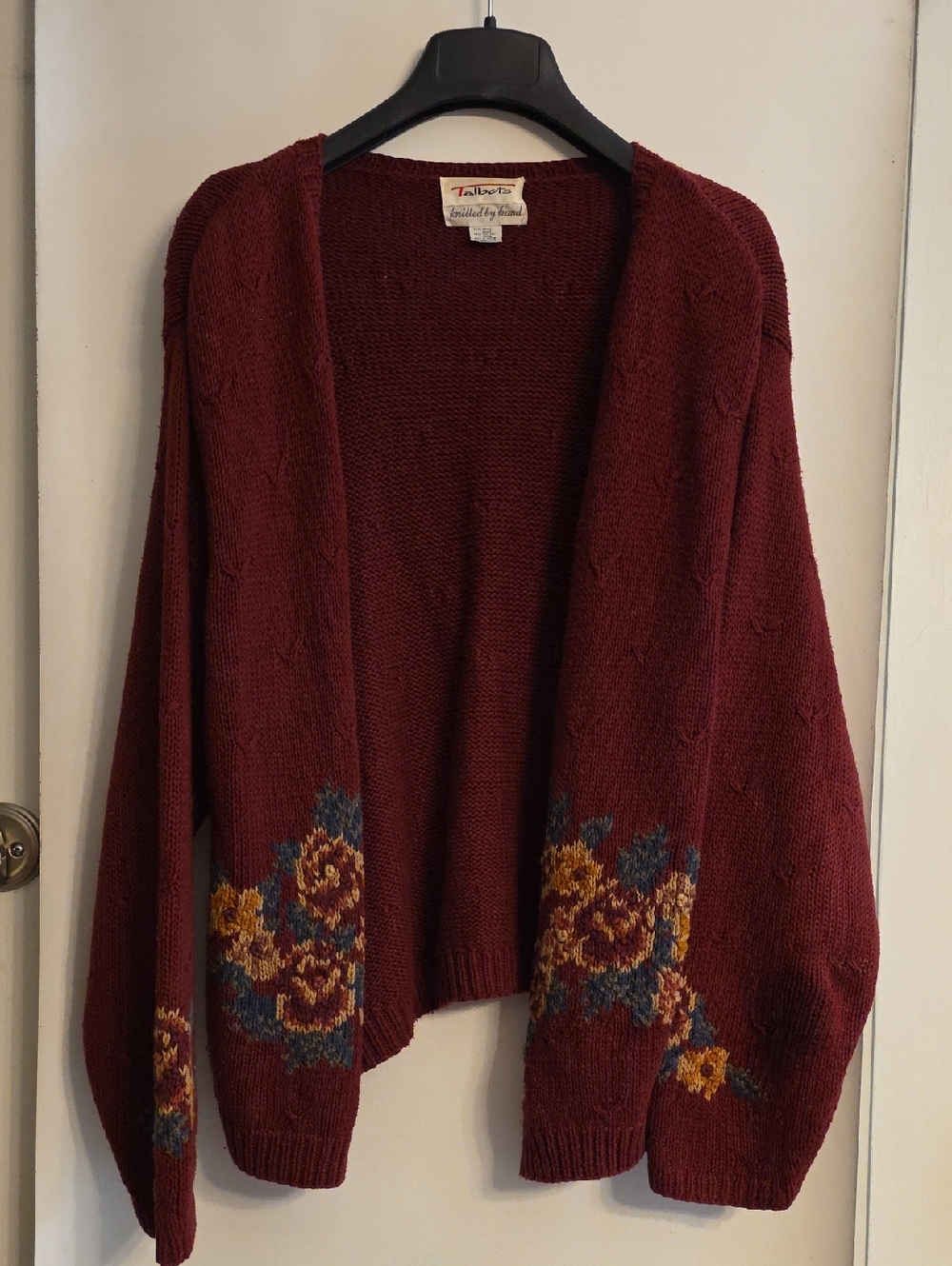 Talbots Hand Knitted Wine Red Floral Button-Front Sweater Cardigan